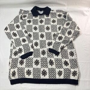 Alfred Dunner Vintage Navy Cream Geometric Snowflake Polo Collar Sweater Large